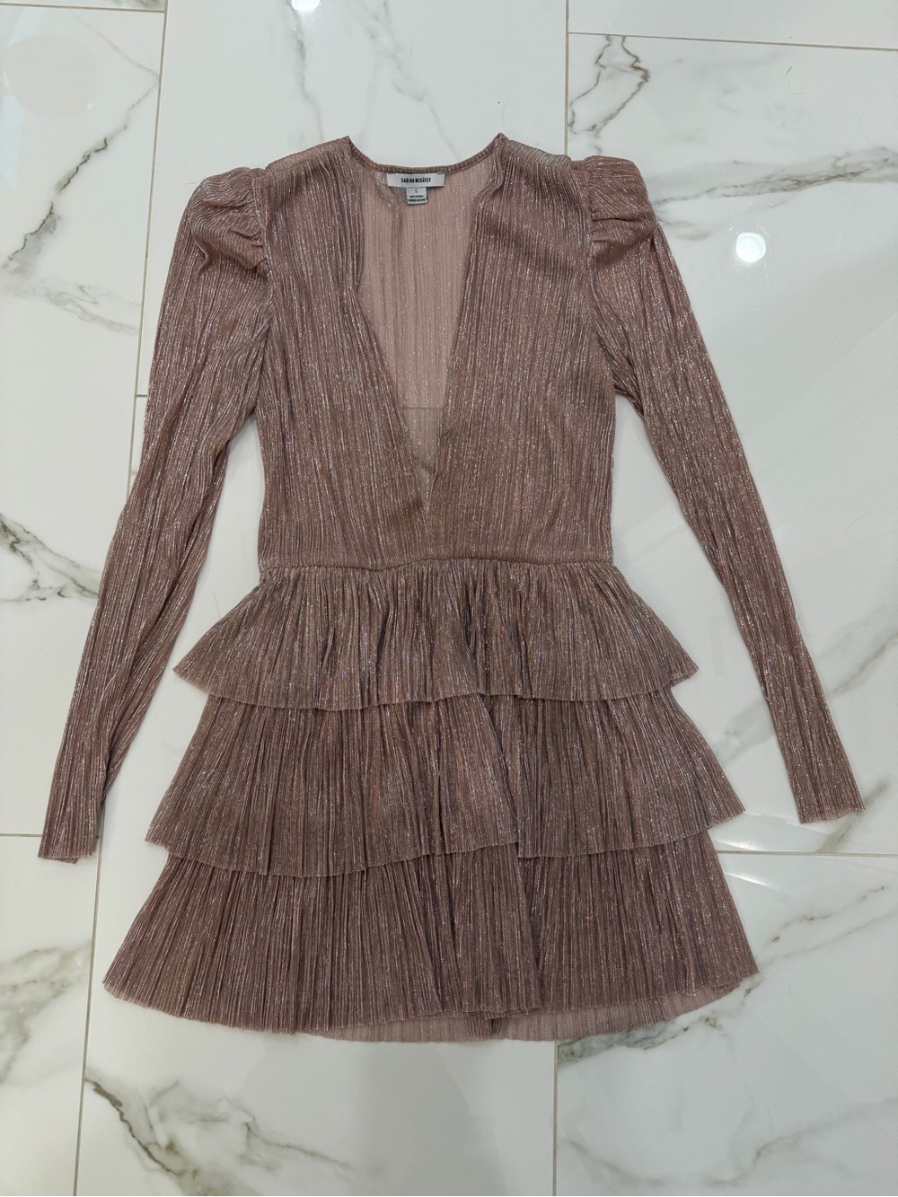 Sabina Musayev Shimmery Dusty Rose Tiered Long-Sleeve Dress with belt